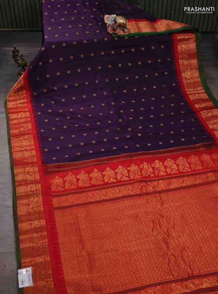 Pure gadwal silk saree deep purple and red with zari woven buttas and temple design zari woven border
