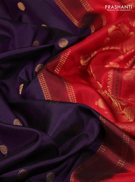 Pure gadwal silk saree deep purple and red with zari woven buttas and temple design zari woven border