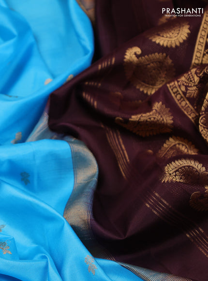Pure gadwal silk saree light blue and coffee brown with zari woven buttas and temple design zari woven border