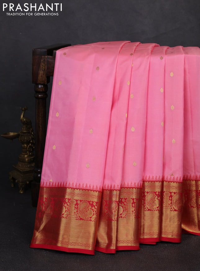Pure gadwal silk saree light pink and red with zari woven buttas and temple design zari woven border