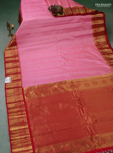 Pure gadwal silk saree light pink and red with zari woven buttas and temple design zari woven border
