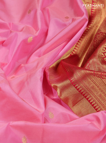 Pure gadwal silk saree light pink and red with zari woven buttas and temple design zari woven border
