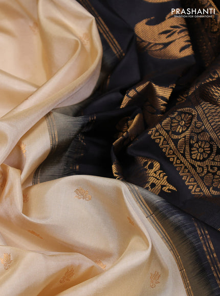 Pure gadwal silk saree cream and black with zari woven buttas and temple design zari woven border