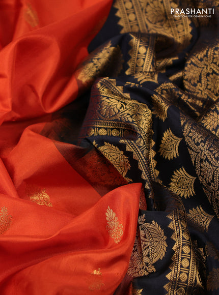 Pure gadwal silk saree orange and black with zari woven buttas and temple design zari woven border