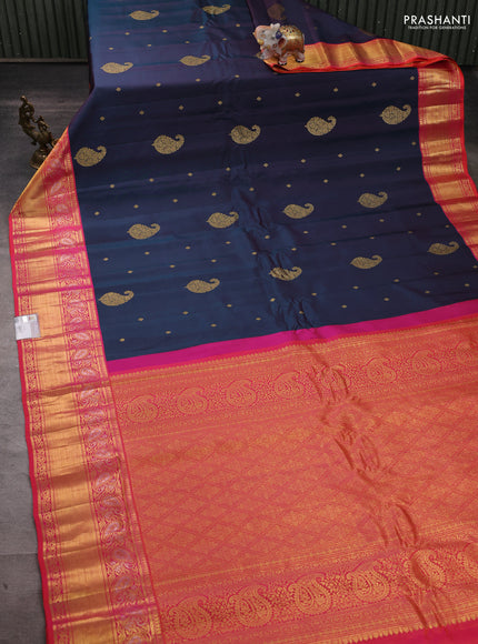 Pure gadwal silk saree dual shade of bluish purple and dual shade of pinkish orange with zari woven buttas and zari woven border