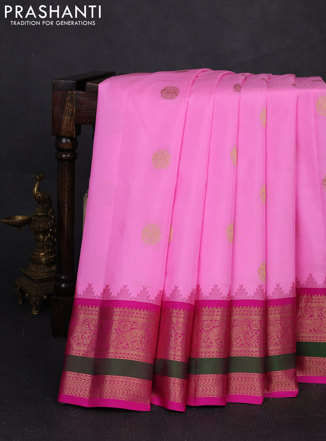 Pure gadwal silk saree light pink and pink with zari woven buttas and temple design zari woven border