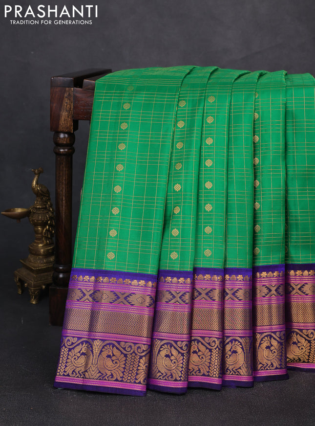 Pure gadwal silk saree green and blue with allover zari checks & buttas and zari woven border