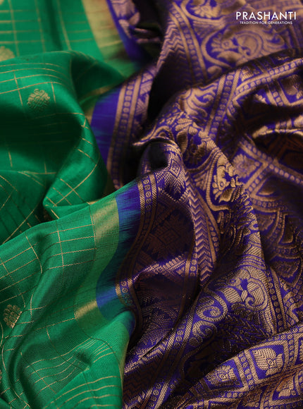 Pure gadwal silk saree green and blue with allover zari checks & buttas and zari woven border