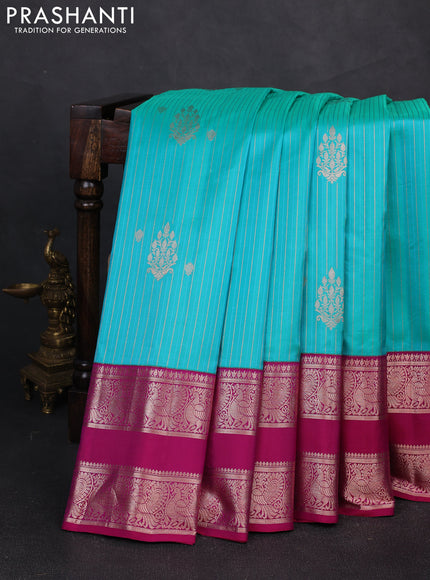 Pure gadwal silk saree teal green and purple with allover zari stripe pattern and rettapet zari woven border