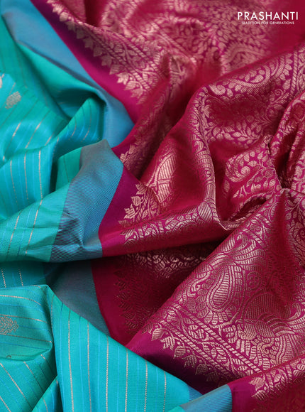 Pure gadwal silk saree teal green and purple with allover zari stripe pattern and rettapet zari woven border