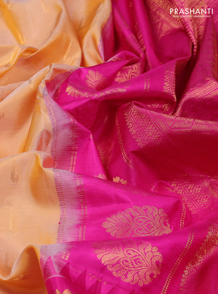 Pure gadwal silk saree pale yellow and magenta pink with zari woven buttas and temple design zari woven border