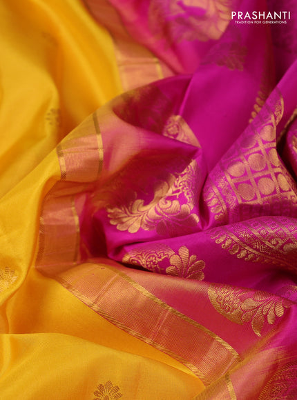 Pure gadwal silk saree mango yellow and pink with zari woven buttas and temple design zari woven border