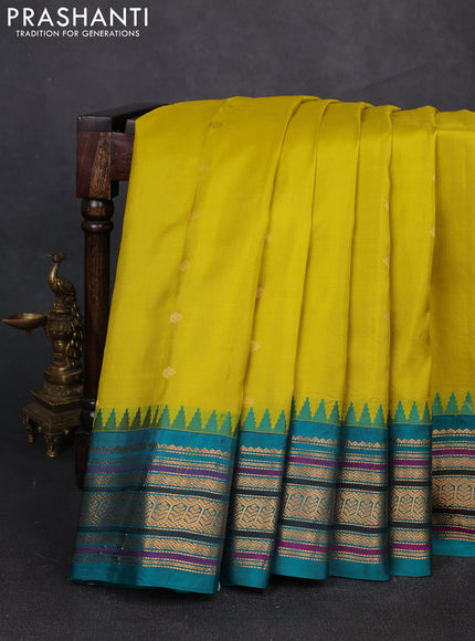 Pure gadwal silk saree lime yellow and teal green with zari woven buttas and temple design zari woven border