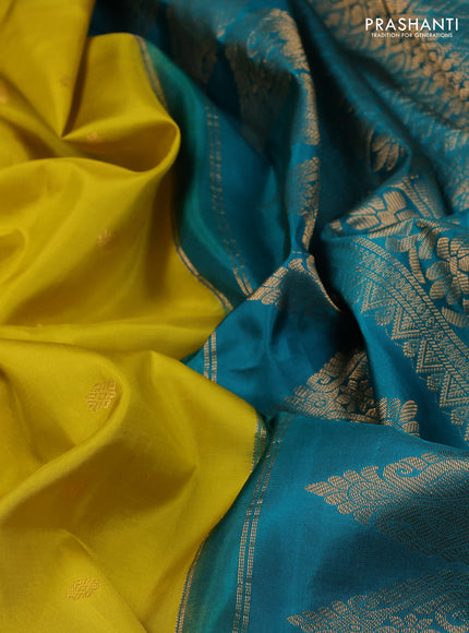 Pure gadwal silk saree lime yellow and teal green with zari woven buttas and temple design zari woven border