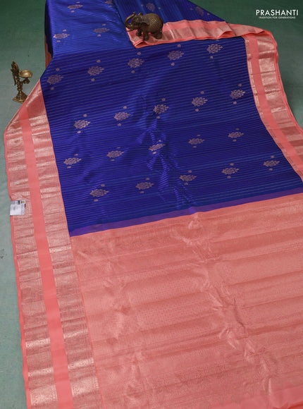 Pure gadwal silk saree blue and peach orange with allover zari stripe pattern and rettapet zari woven border