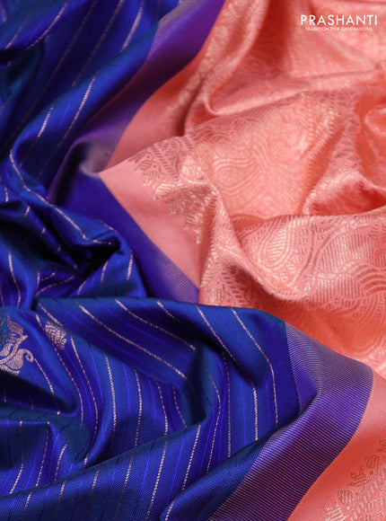 Pure gadwal silk saree blue and peach orange with allover zari stripe pattern and rettapet zari woven border