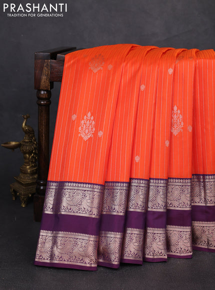 Pure gadwal silk saree orange and deep purple with allover zari stripe pattern and rettapet zari woven border
