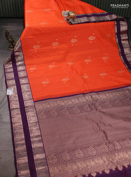 Pure gadwal silk saree orange and deep purple with allover zari stripe pattern and rettapet zari woven border