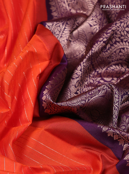 Pure gadwal silk saree orange and deep purple with allover zari stripe pattern and rettapet zari woven border