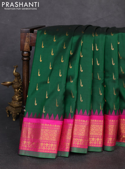 Pure gadwal silk saree bottle green and pink with zari woven muniya buttas and temple design zari woven border