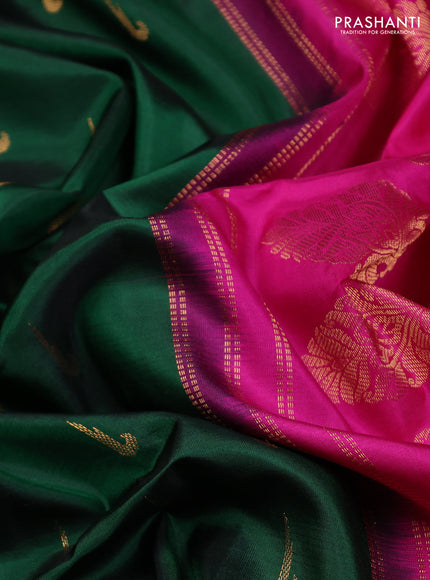 Pure gadwal silk saree bottle green and pink with zari woven muniya buttas and temple design zari woven border