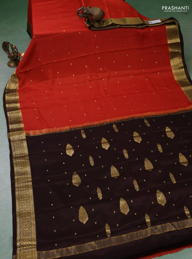 Pure mysore silk saree rustic orange and coffee brown with zari woven buttas and zari woven border