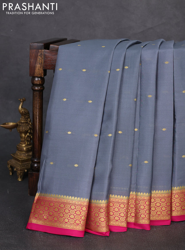 Pure mysore silk saree grey and pink with zari woven buttas and zari woven border