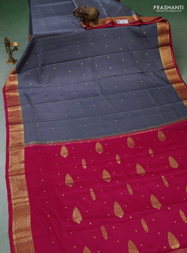 Pure mysore silk saree grey and pink with zari woven buttas and zari woven border