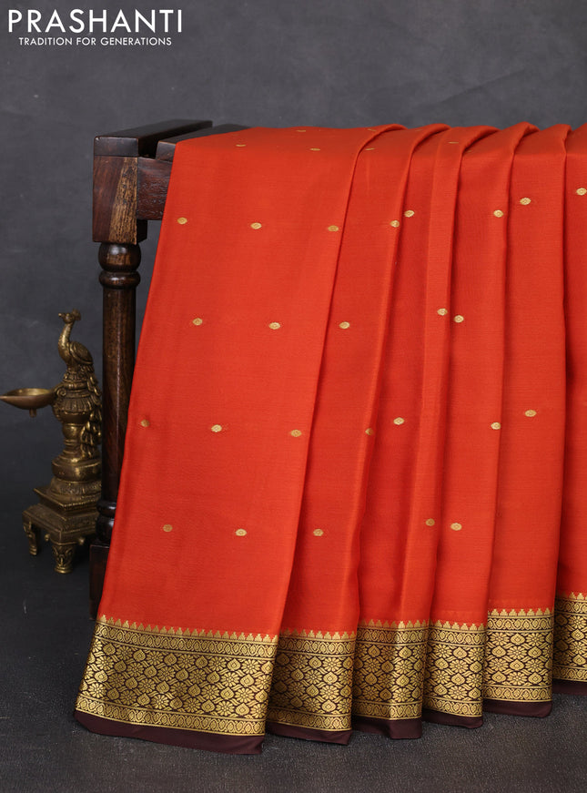 Pure mysore silk saree rust shade and coffee brown with zari woven buttas and zari woven border