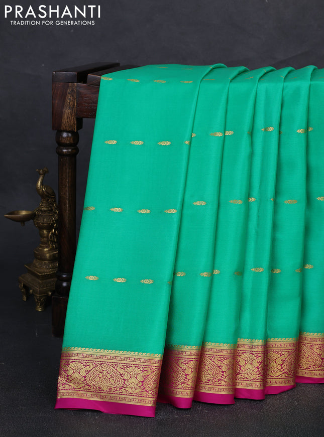 Pure mysore silk saree teal green and pink with zari woven buttas and zari woven border