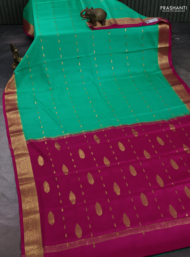 Pure mysore silk saree teal green and pink with zari woven buttas and zari woven border