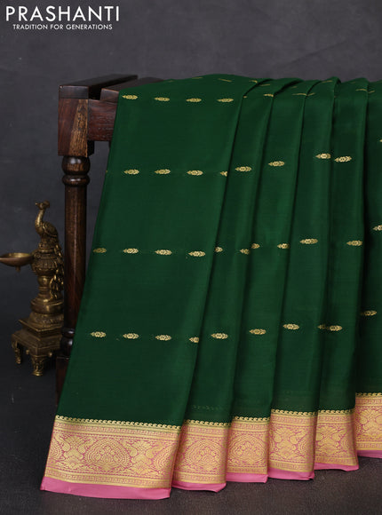 Pure mysore silk saree bottle green and mauve pink with zari woven buttas and zari woven border