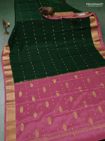 Pure mysore silk saree bottle green and mauve pink with zari woven buttas and zari woven border