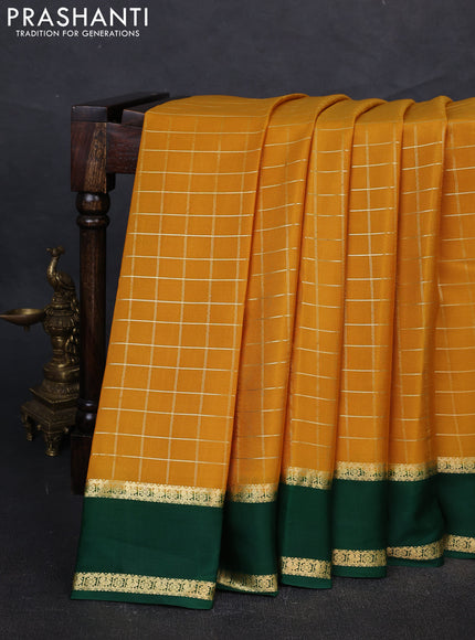 Pure mysore silk saree mustard yellow and green with allover zari woven checked pattern and rettapet zari woven border