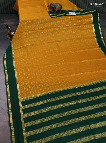 Pure mysore silk saree mustard yellow and green with allover zari woven checked pattern and rettapet zari woven border