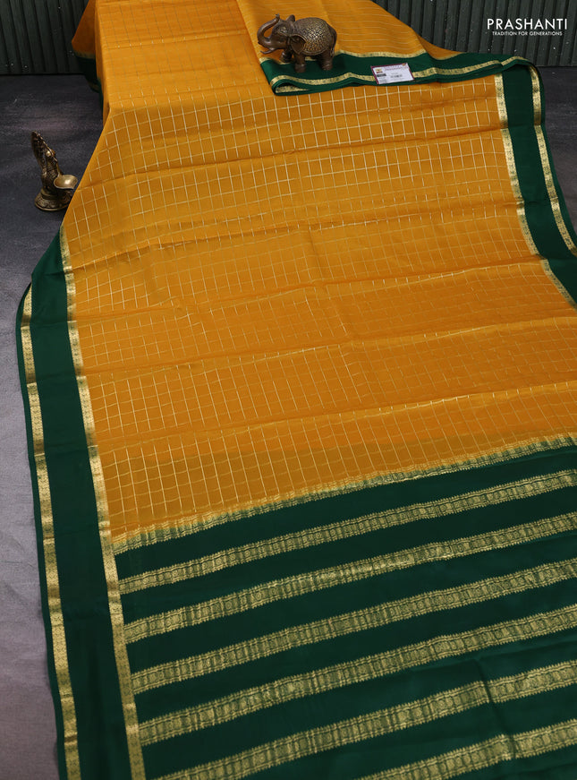 Pure mysore silk saree mustard yellow and green with allover zari woven checked pattern and rettapet zari woven border