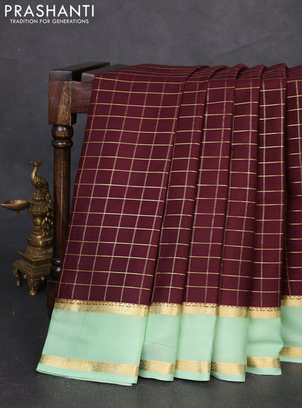 Pure mysore silk saree coffee brown and pista green with allover zari woven checked pattern and rettapet zari woven border