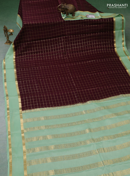 Pure mysore silk saree coffee brown and pista green with allover zari woven checked pattern and rettapet zari woven border