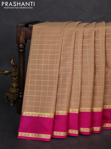 Pure mysore silk saree sandal and pink with allover zari woven checked pattern and rettapet zari woven border
