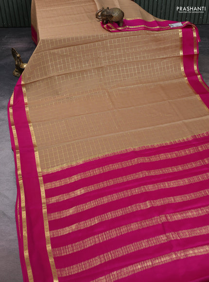 Pure mysore silk saree sandal and pink with allover zari woven checked pattern and rettapet zari woven border