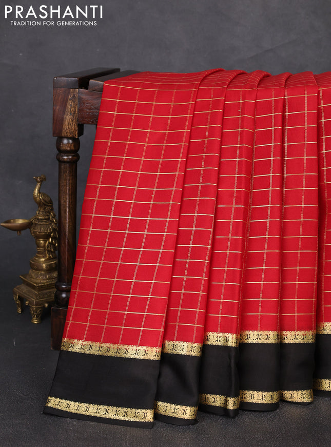 Pure mysore silk saree red and black with allover zari woven checked pattern and rettapet zari woven border