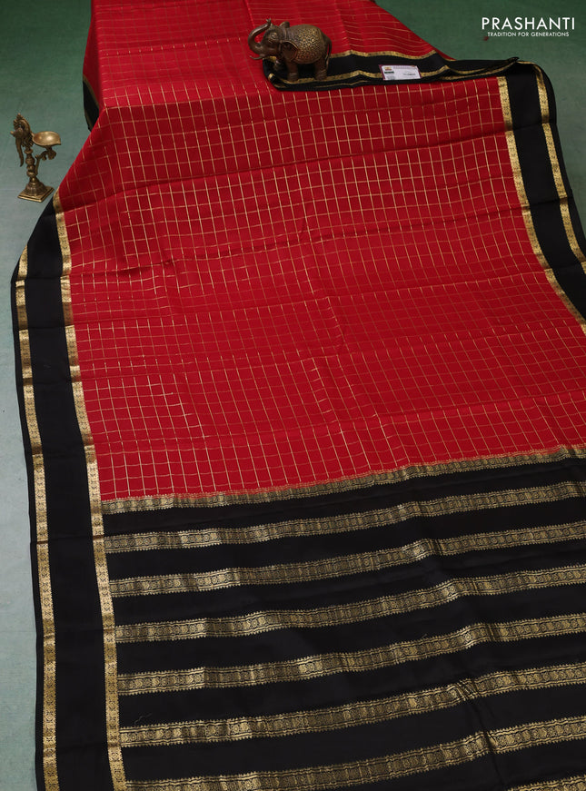 Pure mysore silk saree red and black with allover zari woven checked pattern and rettapet zari woven border