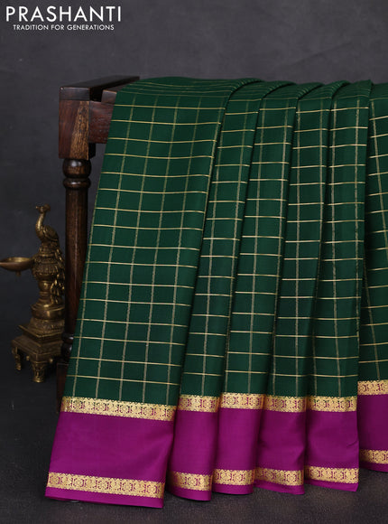 Pure mysore silk saree bottle green and purple with allover zari woven checked pattern and rettapet zari woven border