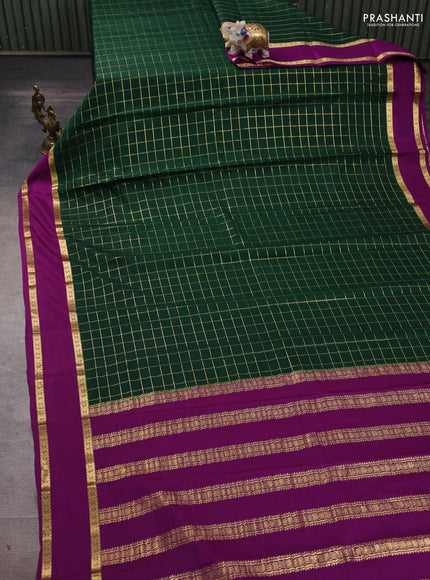 Pure mysore silk saree bottle green and purple with allover zari woven checked pattern and rettapet zari woven border