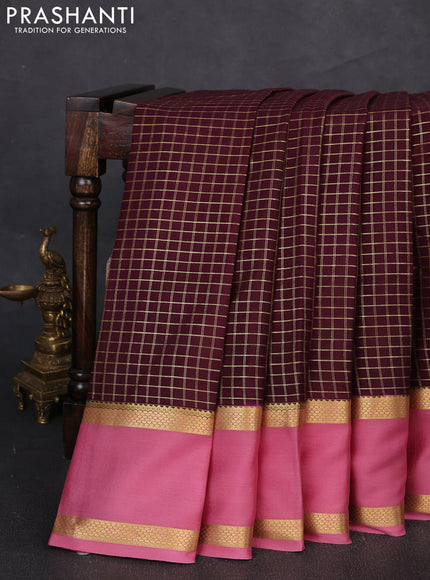 Pure mysore silk saree deep maroon and peach pink with allover zari woven checked pattern and rettapet zari woven border