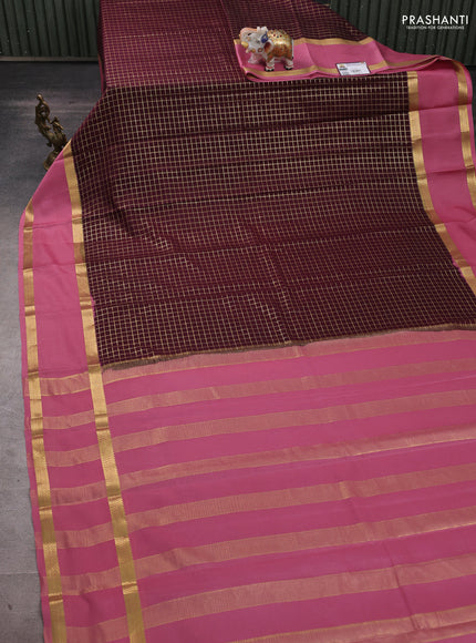 Pure mysore silk saree deep maroon and peach pink with allover zari woven checked pattern and rettapet zari woven border