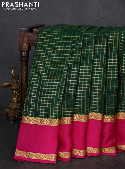 Pure mysore silk saree bottle green and pink with allover zari woven checked pattern and rettapet zari woven border