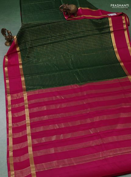 Pure mysore silk saree bottle green and pink with allover zari woven checked pattern and rettapet zari woven border