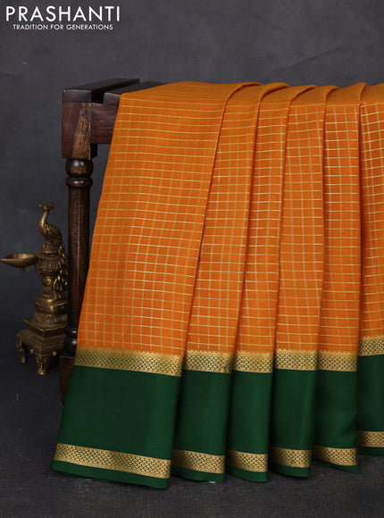 Pure mysore silk saree mustard yellow and green with allover zari woven checked pattern and rettapet zari woven border