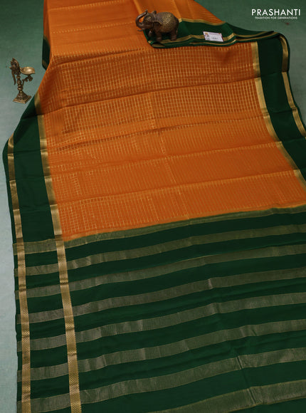 Pure mysore silk saree mustard yellow and green with allover zari woven checked pattern and rettapet zari woven border